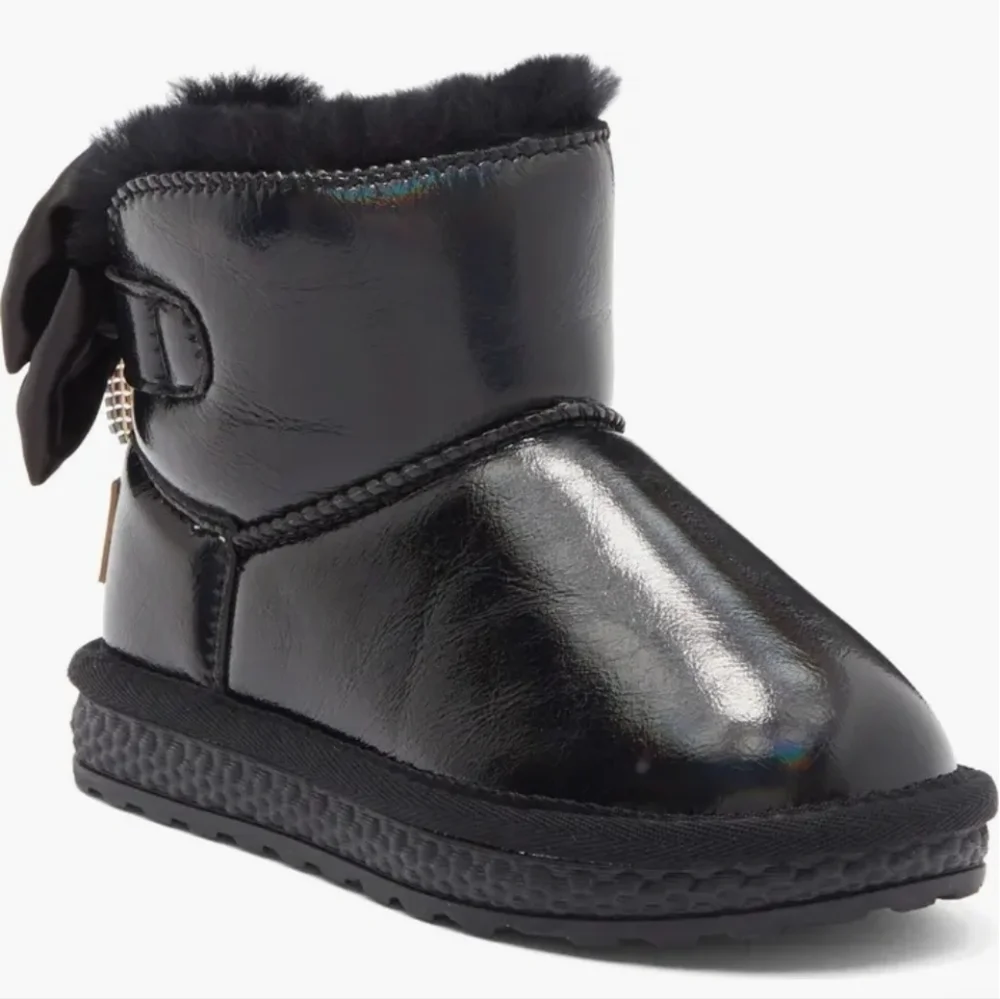 Metallic Black Faux Fur Rhinestone Tassel Bow Boots